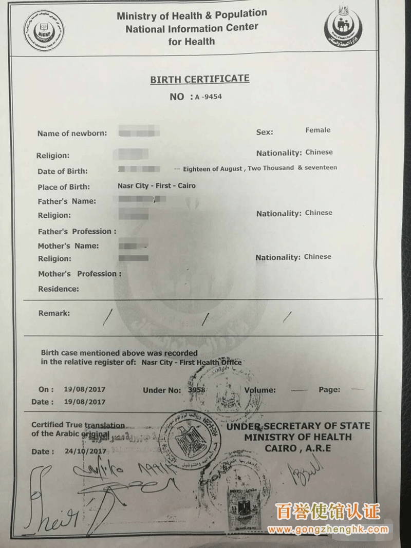 埃及出生證樣本